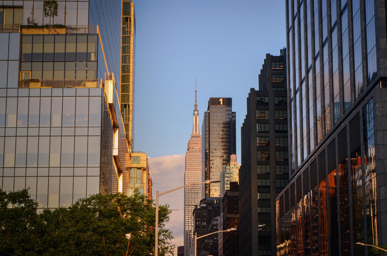 The Empire State Building framed by Manhattan buildings